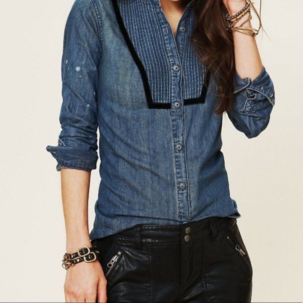 Free People Blue Velvet Chambray Pintuck Bib Button-down Shirt